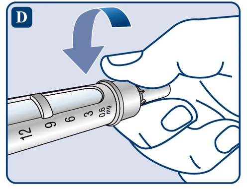 Hand holding a syringe with a milligram scale; a blue arrow indicates the rotational movement of the knob downward, with the letter D in the upper left corner