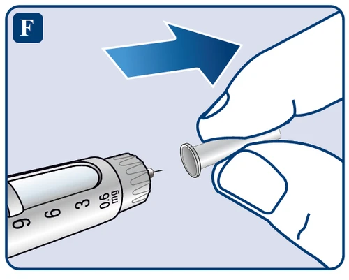 Hands unscrewing the needle cap from a medical pen with a milligram scale, with a blue arrow indicating clockwise movement
