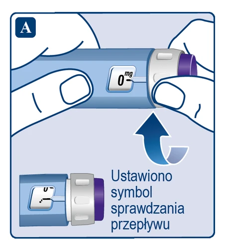 Hands holding a blue injector displaying 0 mg and a blue arrow indicating rotational movement to set the flow check symbol