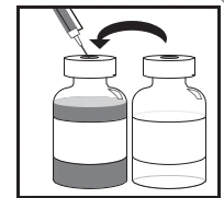 Schematic illustration showing a syringe needle approaching the infusion port of a vial containing liquid, and another empty vial placed alongside