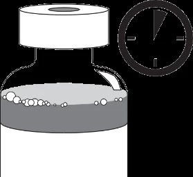 A glass vial with liquid and air bubbles, and a clock icon indicating elapsed time next to the cap of a medical preparation