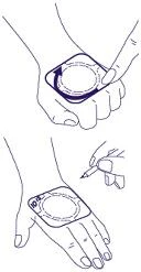 Dibujo que muestra dos manos: la superior realiza movimientos circulares masajeando una tira redonda en la muñeca, la inferior coloca otra tira en el dorso de la mano