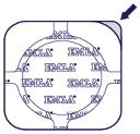 A square medical patch with the word EMLA repeated inside a circular area, indicated by a blue arrow in the upper right corner