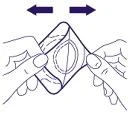 Two hands pulling a square medical patch outward, signaled by two black arrows pointing in opposite directions