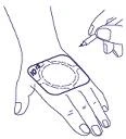 Illustration showing a hand with a square patch applied on the back, featuring a circular area outlined by a dashed line and the numbers 10 and 12