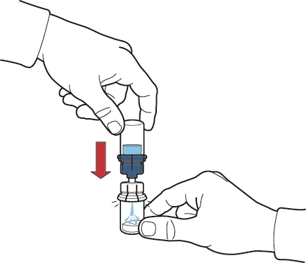 Two hands joining two parts of a medical device, with a red arrow indicating the direction of pressing the upper part into the lower housing