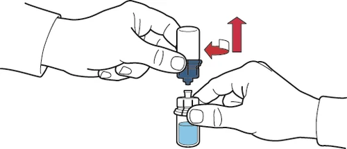 Two hands operating on a vial with blue liquid, one holding the top part, the other the base, with red arrows indicating movements