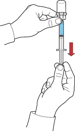 Hand holding a syringe with blue liquid, the lower hand pulling the plunger downward, indicated by a red downward-pointing arrow
