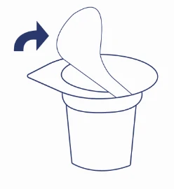 A purple icon depicting a spoon being removed from a container with a cap, above which a curved arrow indicates the direction of movement