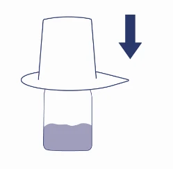 A schematic illustration showing the placement of the upper container part onto the lower part containing liquid, indicated by a downward-pointing arrow