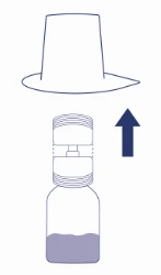 A schematic instruction showing the attachment of a white cap onto a vial containing liquid, with an upward-pointing arrow indicating the direction of movement