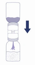 A schematic illustration depicting two connected containers, with a blue downward arrow indicating the flow of liquid between them