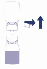 A schematic instruction for unscrewing a cap from a bottle containing liquid, illustrated with two arrows indicating rotational and upward vertical motion