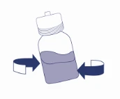 A transparent bottle containing dark violet liquid, surrounded by two blue arrows pointing toward the container from the left and right sides