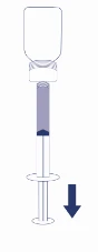 A schematic illustration of a syringe containing dark violet liquid, with a downward-pointing arrow indicating the direction of plunger depression