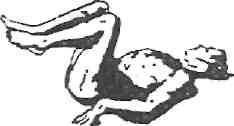 Black and white drawing of a figure lying on its side with legs drawn up towards the chest and one hand supporting the head