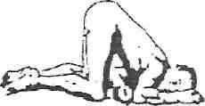 Black and white illustration showing a person in a supported kneeling position with head resting on the ground and arms extended forward