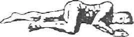 Black and white illustration showing a person lying on the stomach with knees bent and head resting on hands in a lateral position