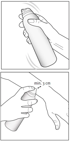 Dos dibujos que muestran cómo sostener y agitar el bote de spray, así como mantenerlo a una distancia mínima de 3 cm de la piel del brazo