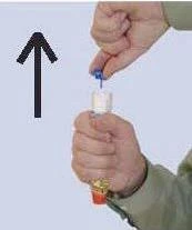 Hands unscrewing a white cap with a blue part, with a black upward-pointing arrow above it on a light background