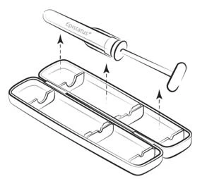Schematic drawing showing the Epistatus applicator with a long tip and its matching plastic case with two indentations