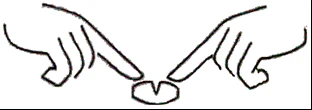 Two hands pointing with index fingers at a small, round tablet lying on a flat surface at the center of the illustration
