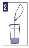 Frasco inclinado sobre un vaso del que se vierte un líquido de color púrpura que llena la parte inferior del recipiente, con el número 2 en la esquina superior izquierda