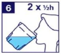 Perfil de la cabeza de una persona bebiendo agua de una taza inclinada, con el número 6 y la instrucción de dosificación 2 x 1/2h encima