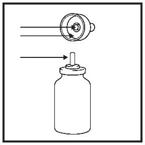 Disegno schematico che illustra il posizionamento della parte superiore del dispenser sul collo della boccetta del medicinale, indicato da due frecce direzionali