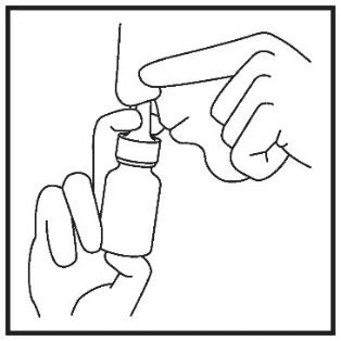 Disegno che mostra le mani che tengono una piccola boccetta con gocce, mentre il dito indice dell'altra mano preme sul dispenser in alto sulla boccetta
