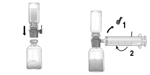 Instructional diagram: attaching a syringe to a medication vial and rotating it to draw in the preparation, marked with numbers 1 and 2