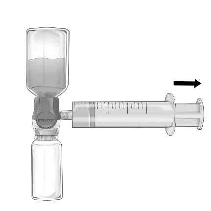 Glass vial with liquid connected to a horizontal syringe via a special connector, with a black arrow indicating the direction of plunger movement to the right