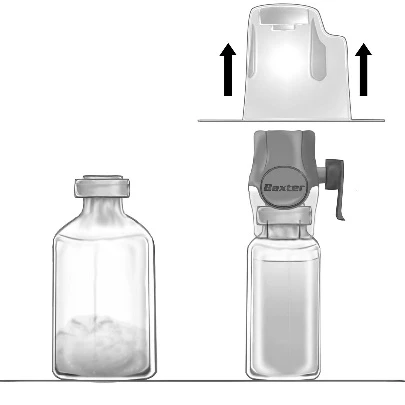 Diagram showing removal of a transparent cap from a bottle labeled Baxter placed on a glass vial containing medication