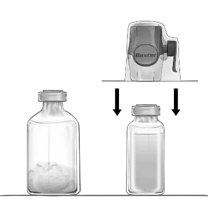 Diagram depicting a Baxter device infusing liquid into a glass vial positioned under arrows indicating the direction of operation