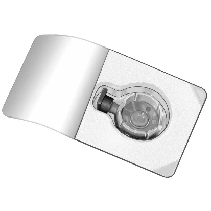 White rectangular packaging with a cut-out window displaying a transparent medical component with a dark, round button or stopper