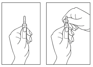 Two illustrated instructions showing one hand holding a vial and the other hand unscrewing the top part to prepare the medication