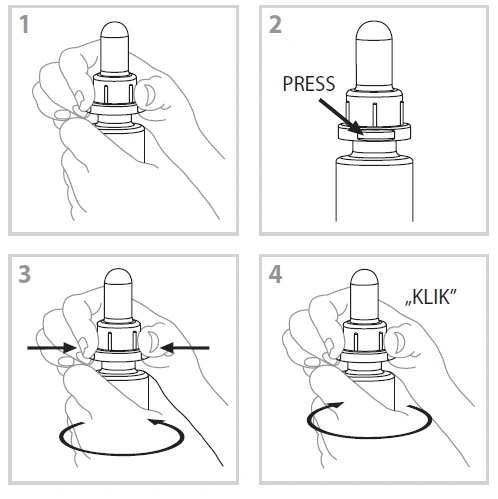 Four diagrams showing instructions for using the medication device: holding the device, pressing the top part, twisting the side, and rotating the bottom part of the device