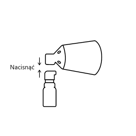 Schematic illustration showing the placement of the upper part of the dispenser onto the bottle with the label 'Press' and arrows indicating vertical movement