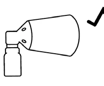 Schematic illustration showing a medication bottle connected to a dispenser positioned at an angle, with a black checkmark symbol beside it