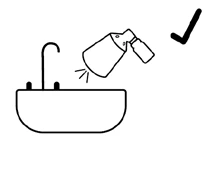 Black icon depicting pouring liquid from a dispenser into a sink with a tap, with a checkmark symbol next to it confirming the action