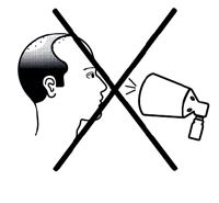 Profile drawing of a man's head with a large X mark overlaid on an illustration showing pouring liquid directly into the mouth from a container