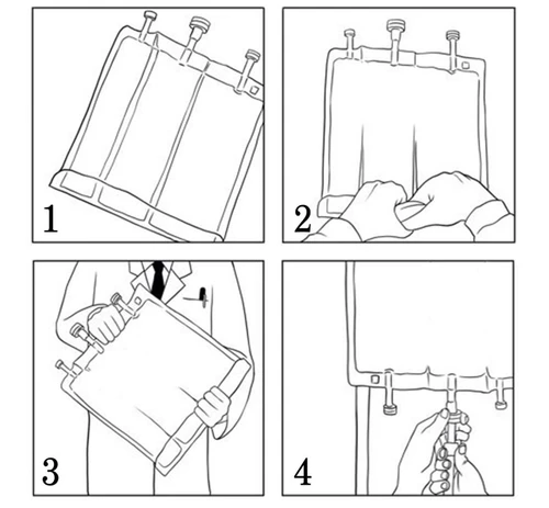 Quattro disegni illustrativi che mostrano la preparazione e la tenuta di una borsa flessibile con farmaci mediante quattro valvole superiori e le mani dell'utente