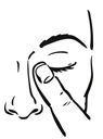 Black line illustration showing an index finger touching a closed eye and the cheek of a person's face in profile