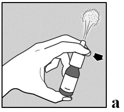 A hand holding a small bottle with a spray dispenser, emitting a fine mist of the sprayed medication upwards