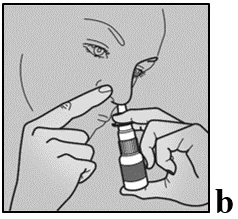 Illustration showing a woman holding a small bottle of nasal drops and inserting a nasal applicator to administer the medication