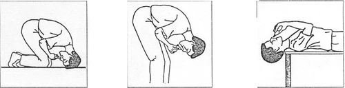 Three diagrams showing a person in three positions: kneeling with head bent forward, standing with strongly bent torso, and lying on the side with head lowered downward