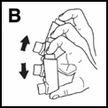 Two hands holding and moving vertically up and down a set of medical blocks, indicated by black arrows showing two directions