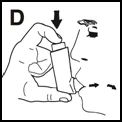 Illustration showing a hand holding an inhaler at a person's mouth, with a black arrow indicating pressing the device and another arrow showing the direction of inhalation