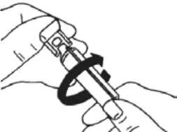 Two hands holding an injection pen, one hand stabilizing the device and the other making a rotational movement indicated by a black arrow