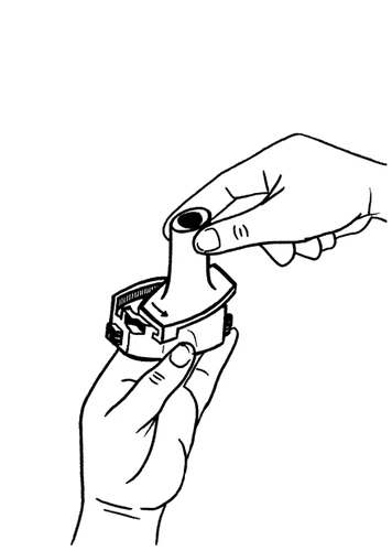 Two hands holding a medical device component, one hand rotating the upper part of the housing in the direction of an arrow indicating rotational movement